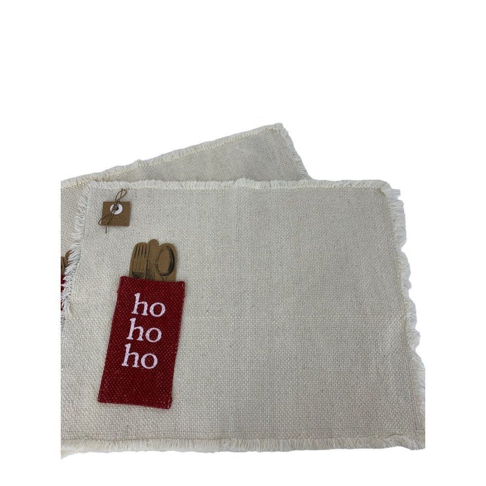 Set of 2 Mud Pie Christmas Placements New Silverware Pocket White Ho Ho Gift